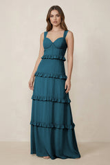 Sweetheart Tiered A - Line Chiffon Bridesmaid Dress in Dark Teal - KISS BRIDAL Bridesmaid Dresses