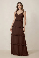 Sweetheart Tiered A - Line Chiffon Bridesmaid Dress in Espresso - KISS BRIDAL Bridesmaid Dresses