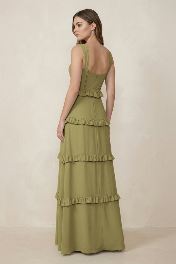 Sweetheart Tiered A-Line Chiffon Bridesmaid Dress in Moss Green (2) | KISSBRIDAL