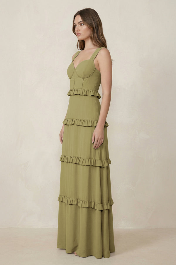 Sweetheart Tiered A-Line Chiffon Bridesmaid Dress in Moss Green (3) | KISSBRIDAL
