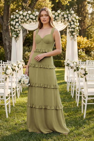 Sweetheart Tiered A-Line Chiffon Bridesmaid Dress in Moss Green (4) | KISSBRIDAL
