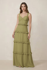 Sweetheart Tiered A-Line Chiffon Bridesmaid Dress in Moss Green | KISSBRIDAL