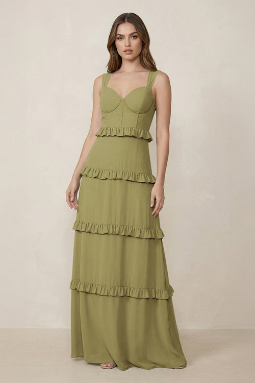 Sweetheart Tiered A-Line Chiffon Bridesmaid Dress in Moss Green | KISSBRIDAL