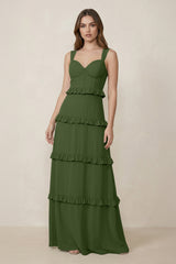 Sweetheart Tiered A-Line Chiffon Bridesmaid Dress in Moss | KISSBRIDAL