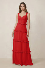 Sweetheart Tiered A - Line Chiffon Bridesmaid Dress in Ruby Red - KISS BRIDAL Bridesmaid Dresses
