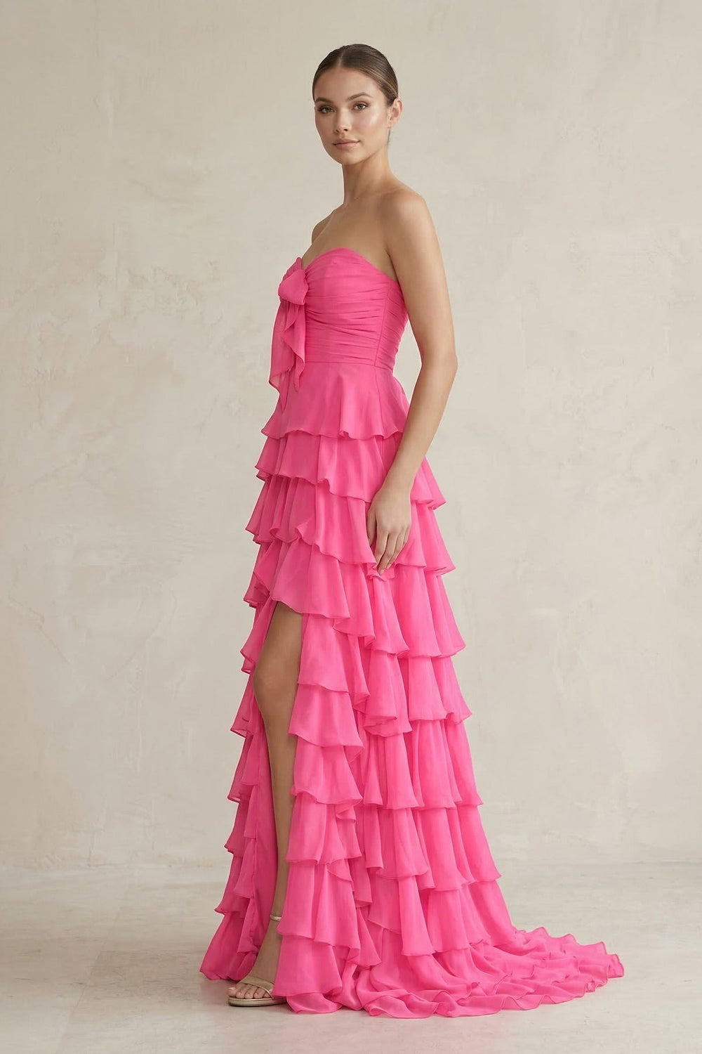 Sweetheart Tiered A - Line Chiffon Long Prom Dress With Bow in Fuchsia - SHE IS ME Prom Dresses