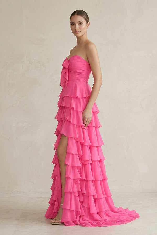 Sweetheart Tiered A - Line Chiffon Long Prom Dress With Bow in Fuchsia - SHE IS ME Prom Dresses