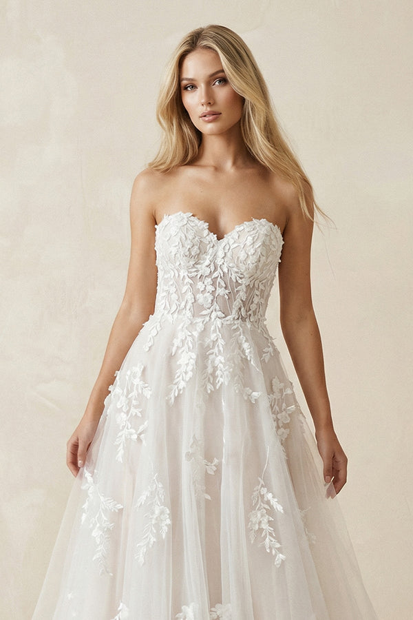 Sweetheart Tulle A - Line Appliqued Wedding Dress in Ivory - SHE IS ME Wedding Dresses