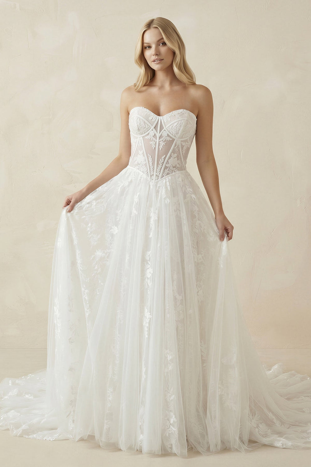 Sweetheart Tulle Appliqued A - Line Corset Wedding Dress in White - KISS BRIDAL Wedding Dresses