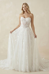 Sweetheart Tulle Appliqued A - Line Corset Wedding Dress in White - KISS BRIDAL Wedding Dresses