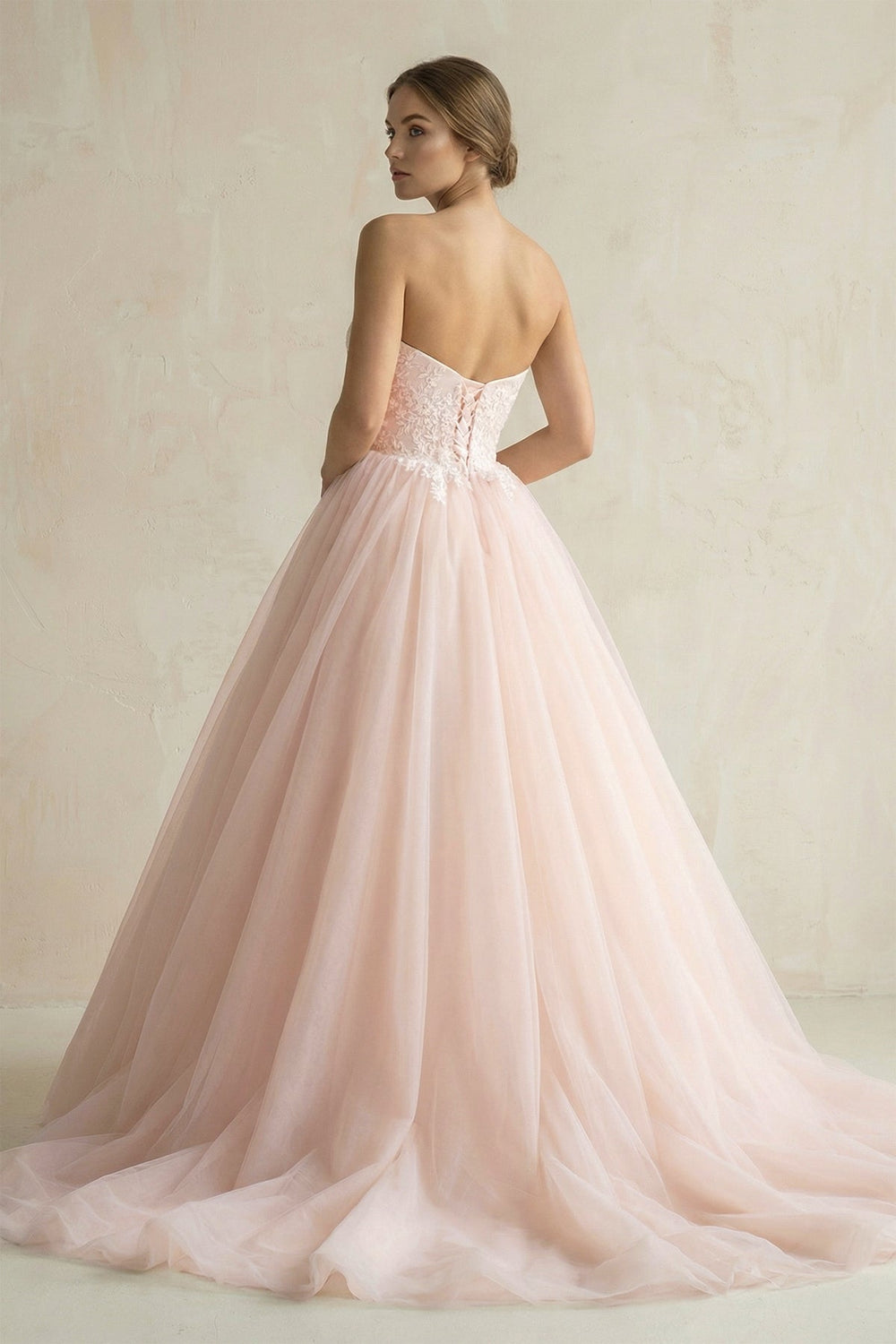 Sweetheart Tulle Ball Gown Appliqued Wedding Dress in Pink - KISS BRIDAL Wedding Dresses