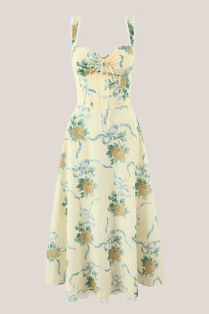 Sweetheart Vintage Rose Printed Cotton Midi Dress in Yellow - SHE IS ME Dresses