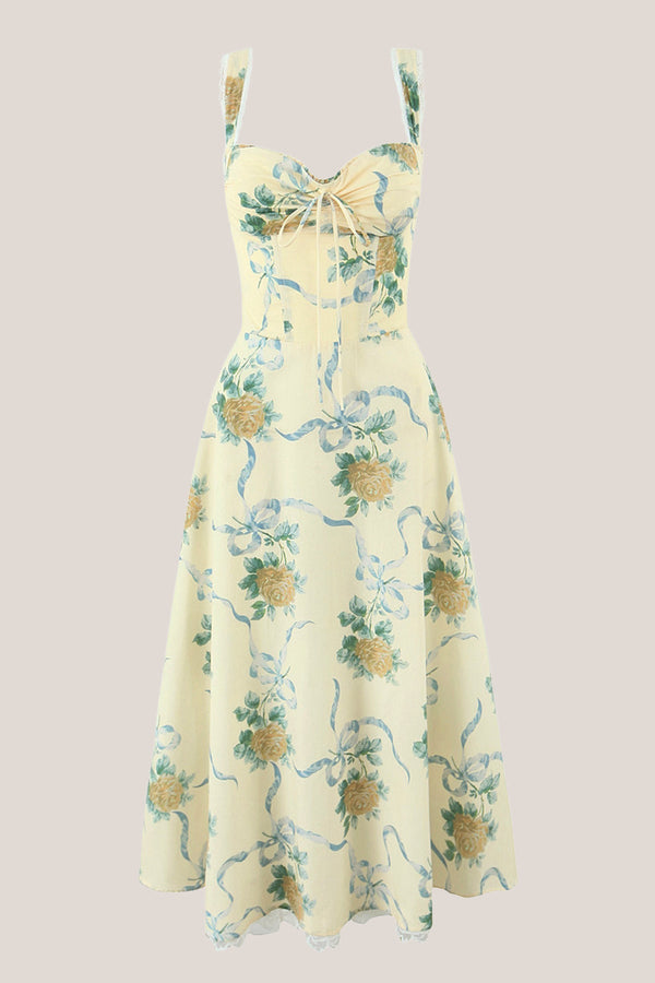 Sweetheart Vintage Rose Printed Cotton Midi Dress in Yellow - SHE IS ME Dresses
