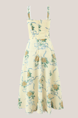 Sweetheart Vintage Rose Printed Cotton Midi Dress in Yellow - SHE IS ME Dresses