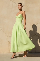 Taffeta Corset A - Line Midi Dress in Sage - KISSBRIDAL