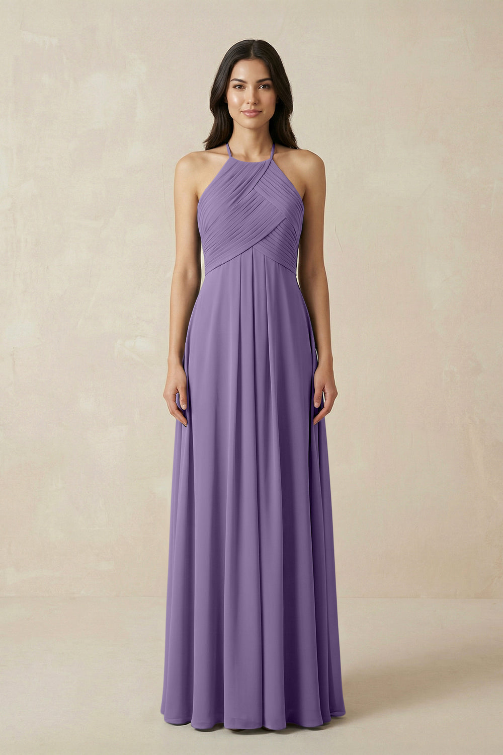A-Line Halter Neck Pleated Chiffon Bridesmaid Dress in Tahiti