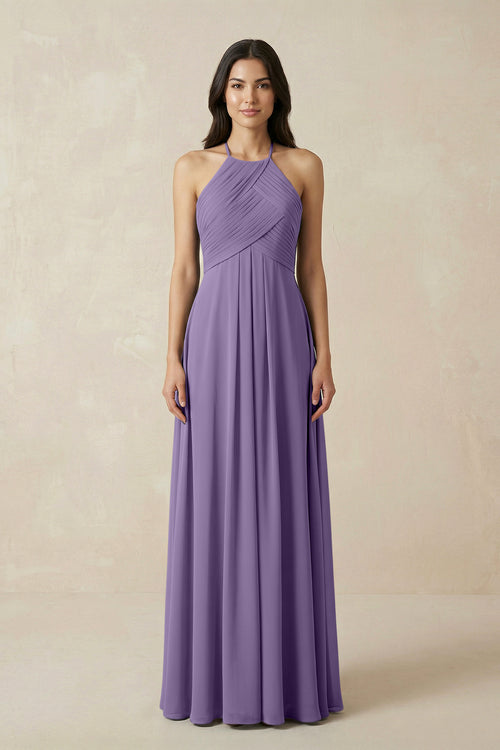 Tahiti A-Line Halter Neck Pleated Chiffon Bridesmaid Dress | KISSBRIDAL
