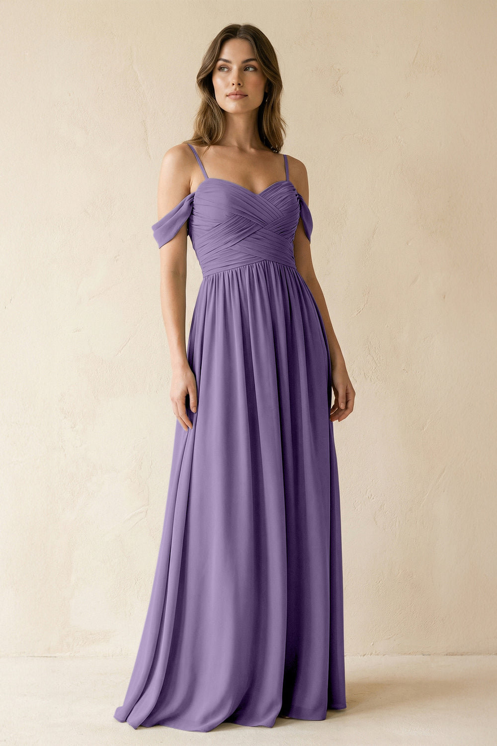 A-Line Off-the-Shoulder Pleated Chiffon Bridesmaid Dress in Tahiti