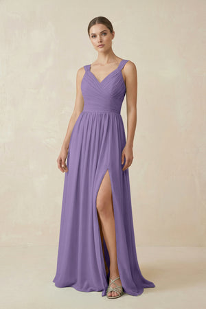 Tahiti A-Line Pleated Chiffon Long Bridesmaid Dress | KISSBRIDAL