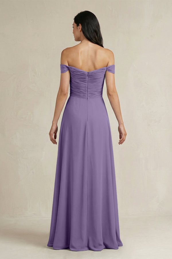 Tahiti A-Line Pleated Off-the-Shoulder Chiffon Bridesmaid Dress (2) | KISSBRIDAL