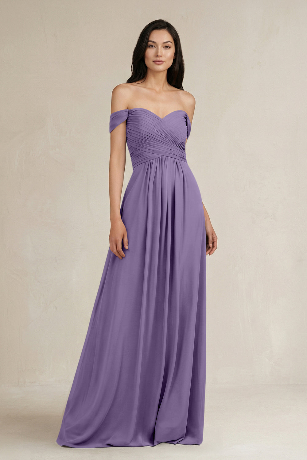 A-Line Pleated Off-the-Shoulder Chiffon Bridesmaid Dress in Tahiti