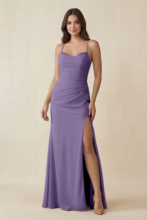 Tahiti Cami Strap Sheath Chiffon Bridesmaid Dress with Slit | KISSBRIDAL