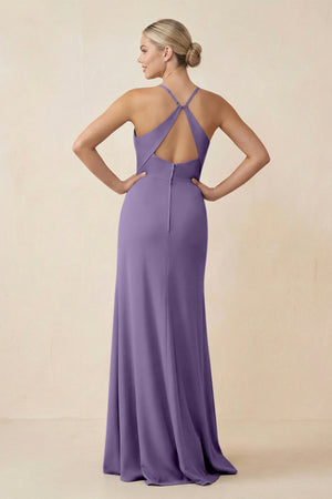 Tahiti Cami Strap Sheath Ruched Bridesmaid Dress With Slit (2) | KISSBRIDAL