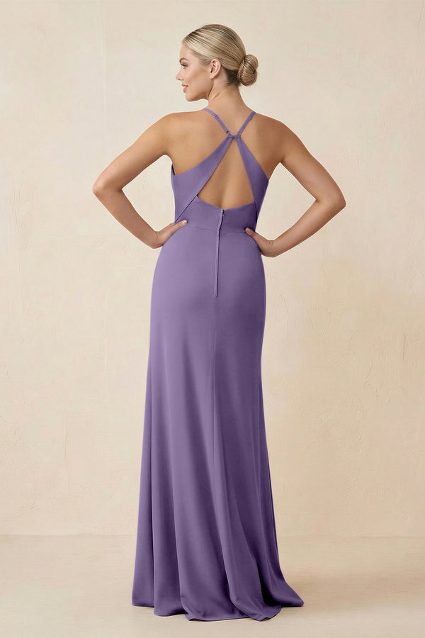 Tahiti Cami Strap Sheath Ruched Bridesmaid Dress With Slit (2) | KISSBRIDAL