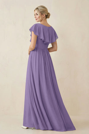 Tahiti Cap Sleeve A-Line Ruffled Chiffon Bridesmaid Dress (2) | KISSBRIDAL