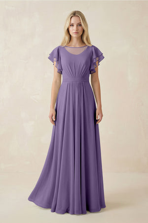 Tahiti Cap Sleeve Ruffled A-Line Chiffon Bridesmaid Dress | KISSBRIDAL