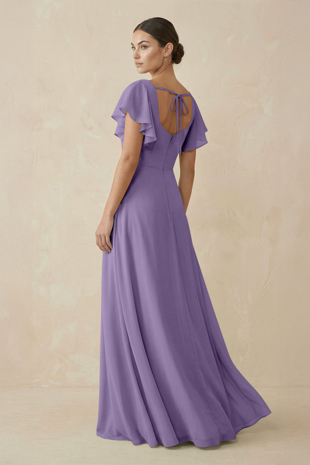 Chiffon A-Line Long Bridesmaid Dress with Flutter Sleeves in Tahiti