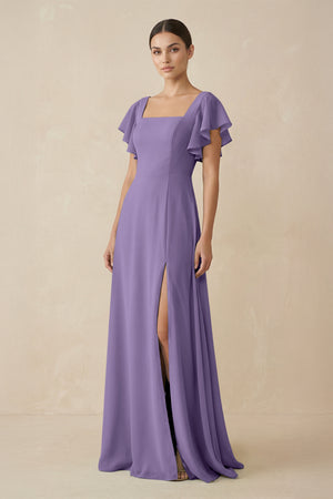 Tahiti Chiffon A-Line Long Bridesmaid Dress with Flutter Sleeves | KISSBRIDAL