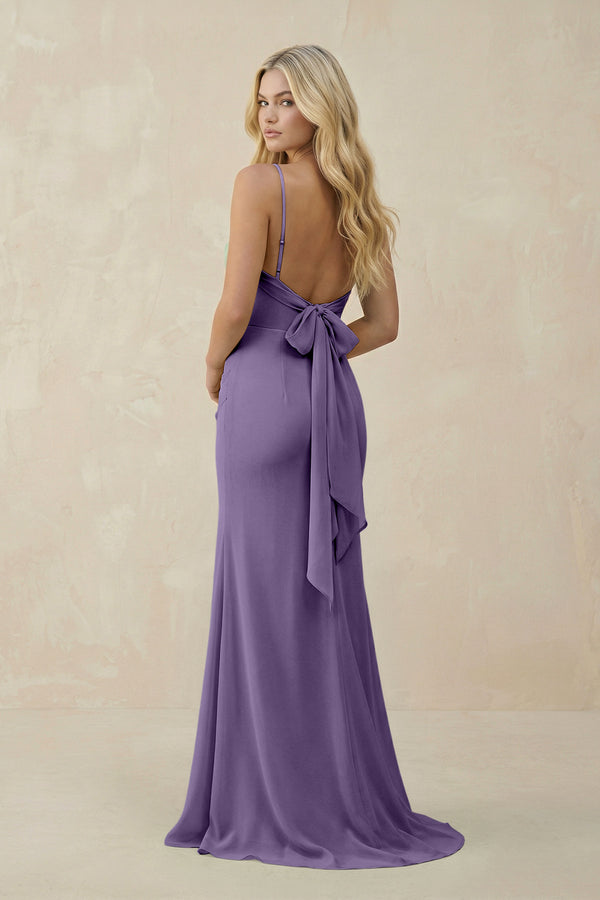 Tahiti Cowl Neck Sheath Chiffon Bridesmaid Dress with Corset (2) | KISSBRIDAL