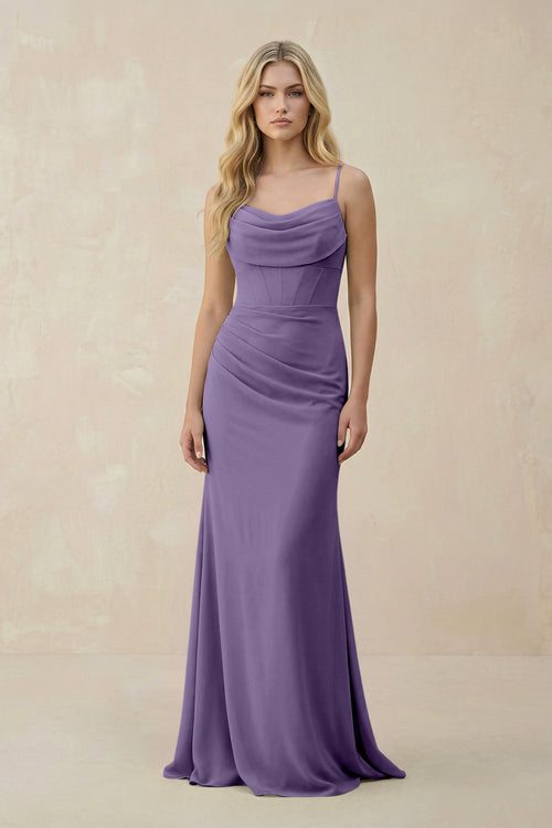 Tahiti Cowl Neck Sheath Chiffon Bridesmaid Dress with Corset | KISSBRIDAL
