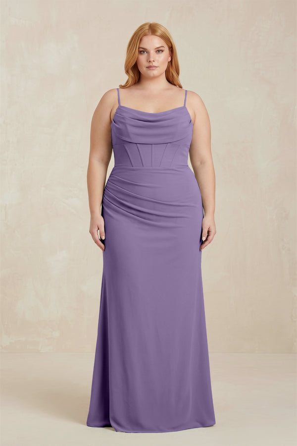 Tahiti Cowl Neck Sheath Chiffon Bridesmaid Dress with Corset [sizeplus]  | KISSBRIDAL
