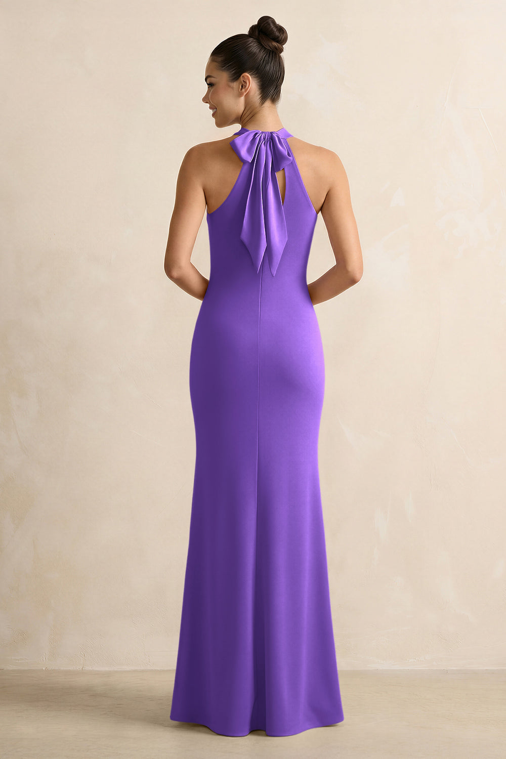 Crisscross Halter Sheath Satin Bridesmaid Dress with Bow in Tahiti