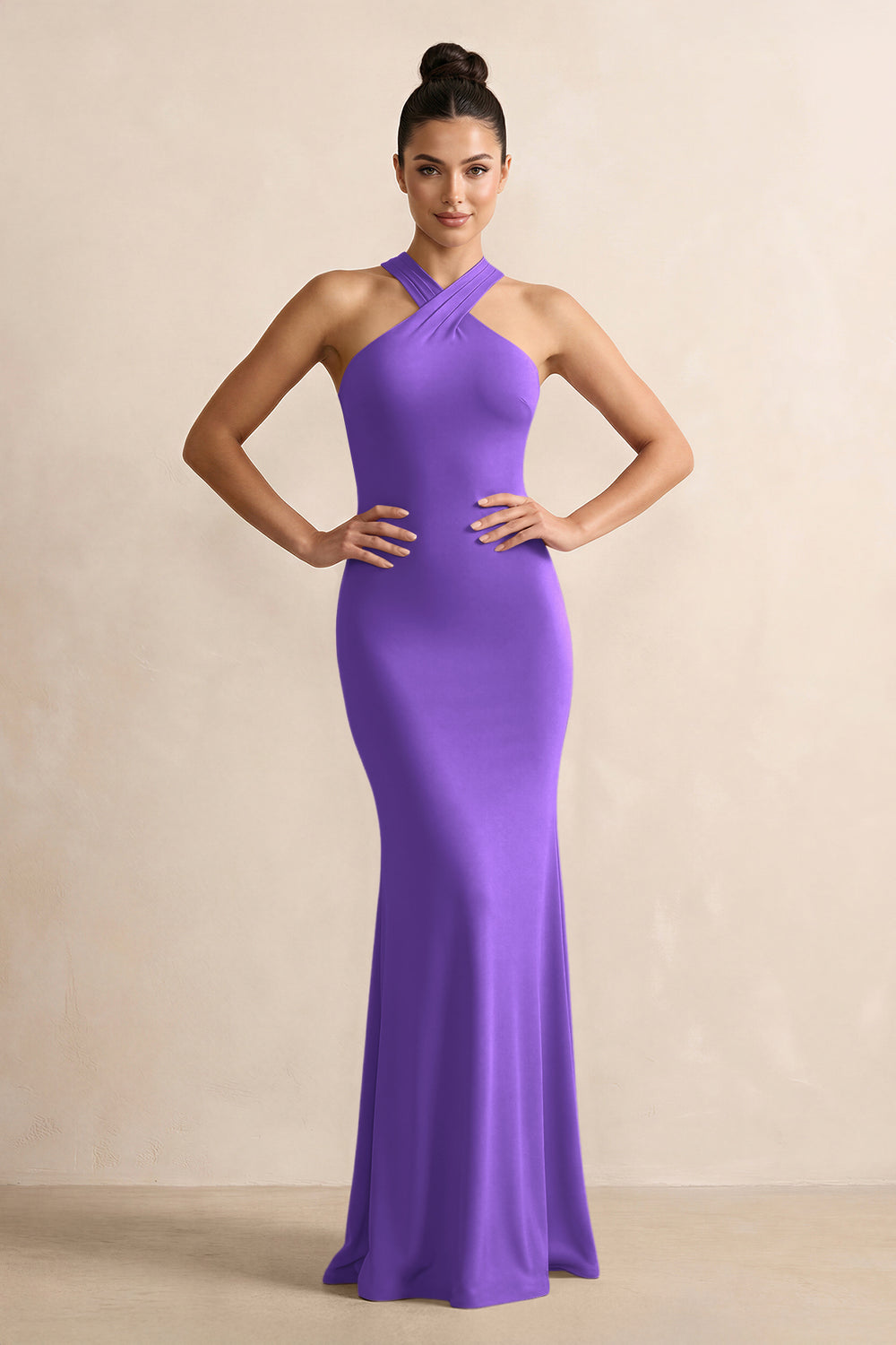Crisscross Halter Sheath Satin Bridesmaid Dress with Bow in Tahiti