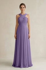 Tahiti Cross Halter Chiffon A-Line Pleated Bridesmaid Dress | KISSBRIDAL