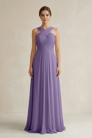 Tahiti Cross Halter Chiffon A-Line Pleated Bridesmaid Dress | KISSBRIDAL
