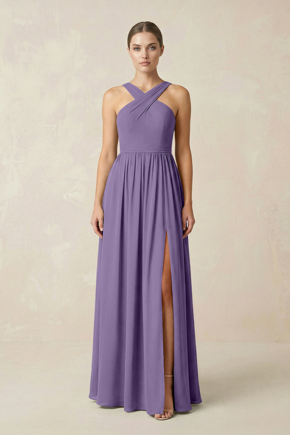 Cross Halter Neck Chiffon A-Line Bridesmaid Dress With Slit in Tahiti