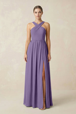 Tahiti Cross Halter Neck Chiffon A-Line Bridesmaid Dress With Slit | KISSBRIDAL