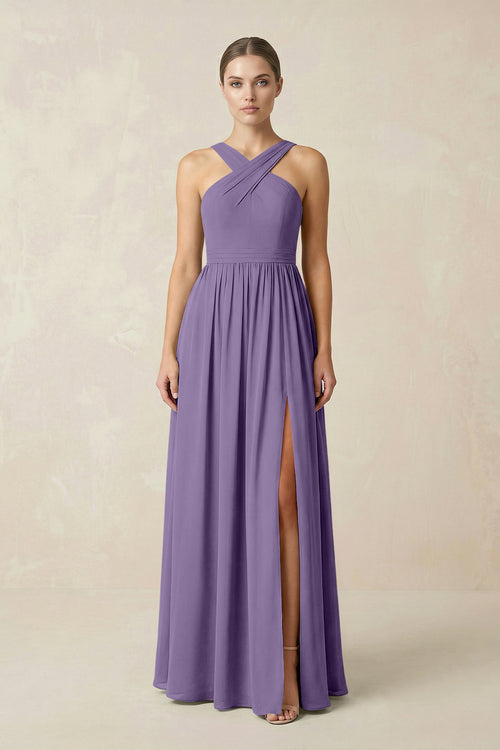 Tahiti Cross Halter Neck Chiffon A-Line Bridesmaid Dress With Slit | KISSBRIDAL