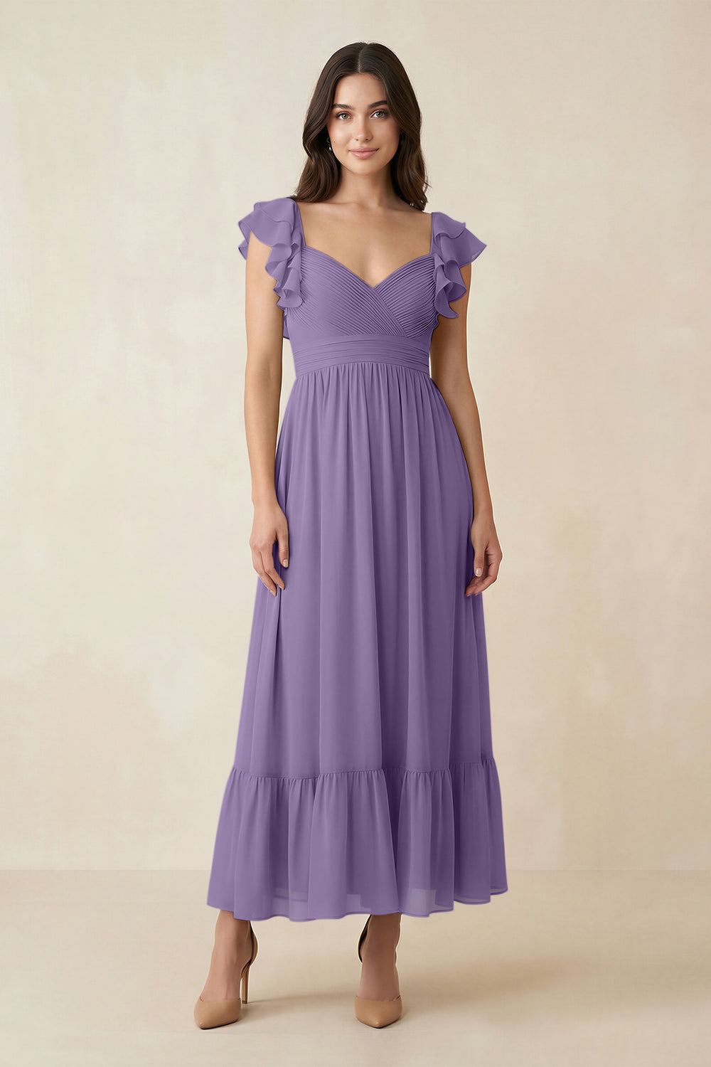 Flutter Sleeve Sweetheart A-Line Chiffon Bridesmaid Dress in Tahiti