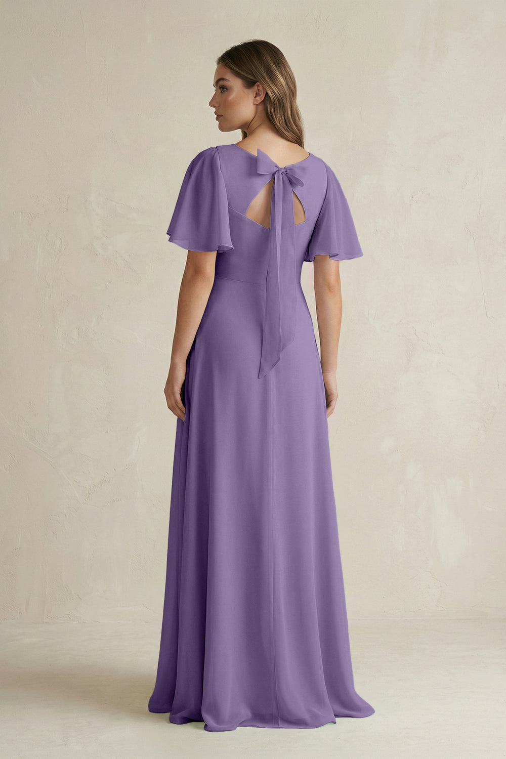Flutter Sleeve V-Neck A-Line Chiffon Bridesmaid Dress in Tahiti