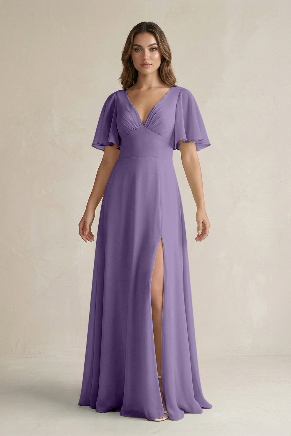 Flutter Sleeve V-Neck A-Line Chiffon Bridesmaid Dress in Tahiti