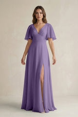 Tahiti Flutter Sleeve V-Neck A-Line Chiffon Bridesmaid Dress | KISSBRIDAL