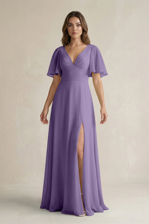 Tahiti Flutter Sleeve V-Neck A-Line Chiffon Bridesmaid Dress | KISSBRIDAL