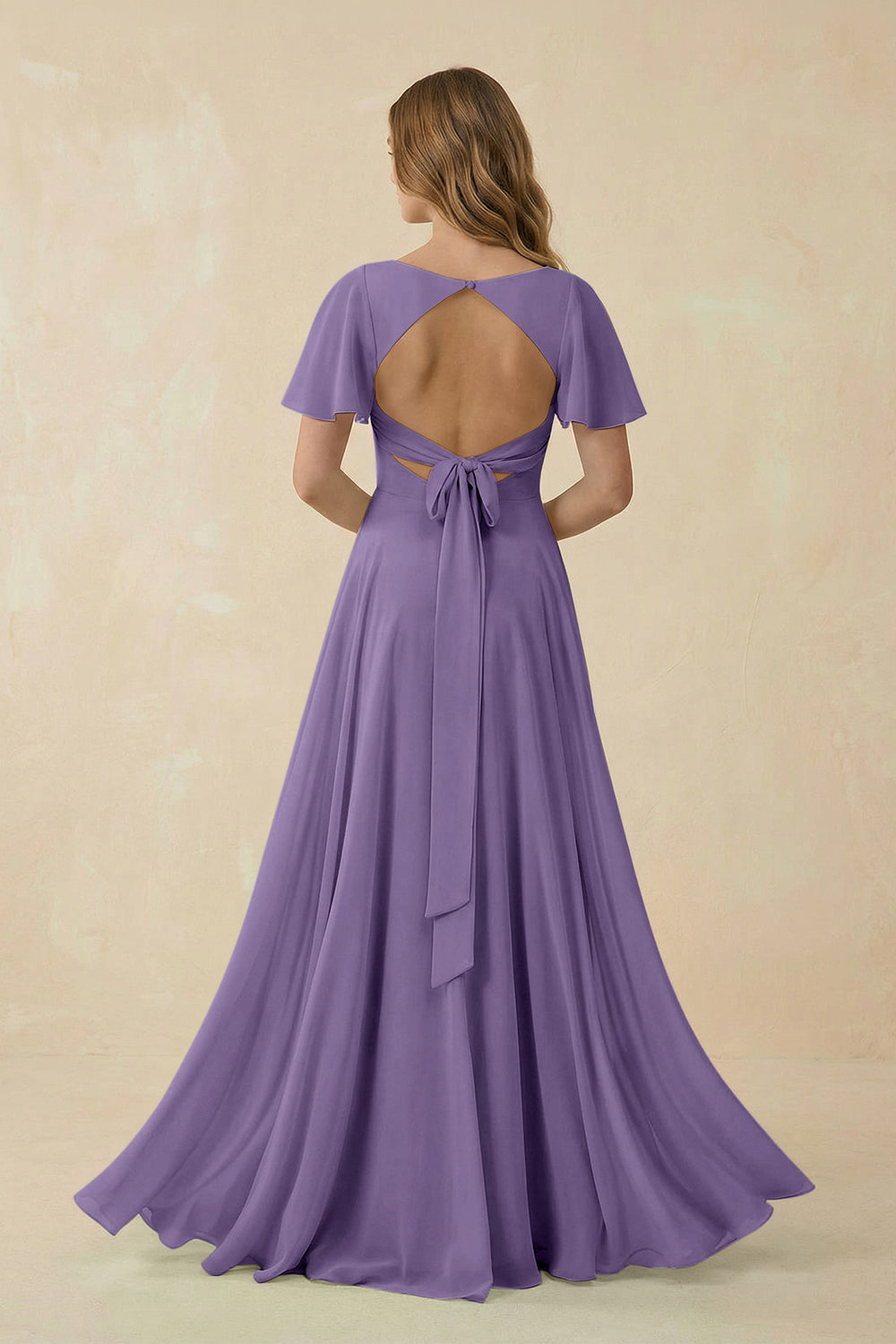 Flutter Sleeve V-Neck Chiffon A-Line Bridesmaid Dress in Tahiti
