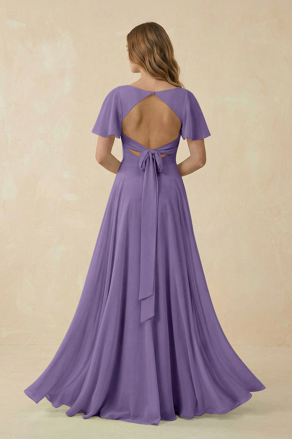 Tahiti Flutter Sleeve V-Neck Chiffon A-Line Bridesmaid Dress (2) | KISSBRIDAL