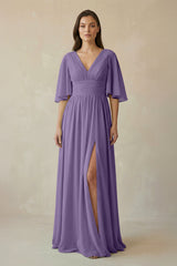 Tahiti Half Sleeve V-Neck A-Line Chiffon Bridesmaid Gown | KISSBRIDAL
